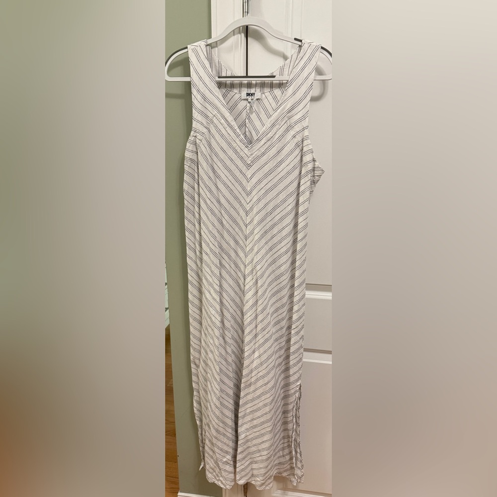 DKNY Cream and Black Chevron Linen  Blend Dress size L